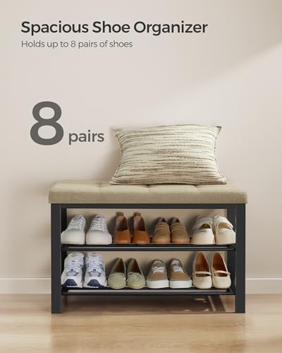 SONGMICS Shoe Bench, Storage Bench, Entryway Bench with Cushion, Shoe Shelf with Seat, Space-Saving, Modern Style, for Living Room, Bedroom, Hallway, Camel Brown and Ink Black ULBS057K01 - color: Camel Brown + Ink Black, size: 31.9"W