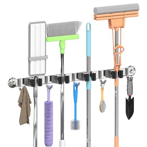 3-H Magnetic Broom Holder Wall Mount 1 Pack, 2-in-1 Dual Mount (No Drill or Screw Fix), 304 Stainless Steel Heavy Duty Magnet Mop Broom Organizer for Kitchen Garden Garage(4 Racks & 5 Hooks,Silver) - color: Silver, size: 1pc & 4R5H