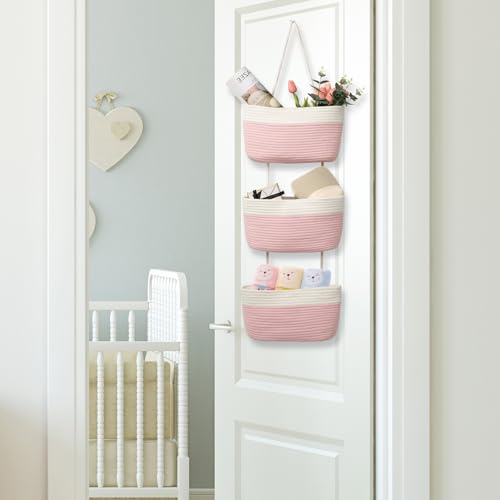 TeoKJ Over the Door Hanging Basket, 3-Tier Woven Cotton Wall-Mounted Storage Organizer Bag Decorative Hanging Nursery Baskets, Pink & White - color: Pink & White