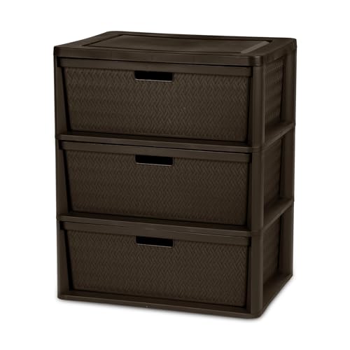Brown Storage Drawer, 3 Drawer Plastic Weave Wide Tower with Pull Handles - color: Dark brown