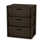 Brown Storage Drawer, 3 Drawer Plastic Weave Wide Tower with Pull Handles - color: Dark brown