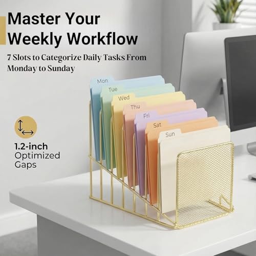 Simmer Stone 2 pcs Incline File Sorter, 7 Slot Magazine Holder for Letter, Document, Folder and Book, Metal Desktop Organizer Rack for Home, School and Office (2-gold) - color: 2-gold