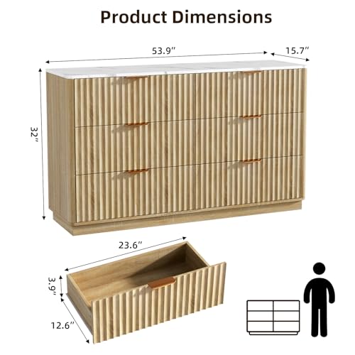 VOWNER Fluted 6 Drawers Dresser for Bedroom, 54" Wide Modern Chest of Drawers with Metal Handle, Closet Clothes Storage Organizer, Wood Dresser TV Stand for Living Room, Closet, Hallway, Entryway - color: Oak & Marble