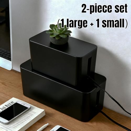 1 Large + 1 Small Cable Management Box Set – 2-Piece Cord Organizer Box, Home Office Desk Wire Storage & Cable Management Solution (Acryliclid lid/Black) - color: Acryliclid lid/Black