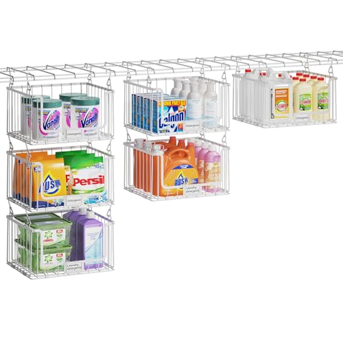 3-Pack Hanging Laundry Organizer, Stackable Wire Shelf Storage with Label Cards, Foldable Metal Baskets with 360 Rotating Hooks, Space-Saving for Laundry Room, Closet & Pantry, 11"15" Large, White - color: White, size: 3Tier-15"D x 11"W