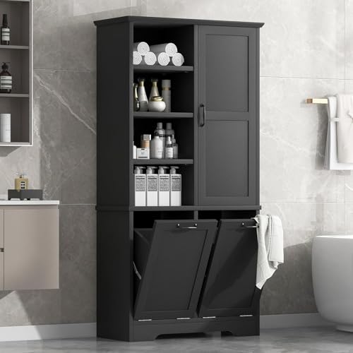 Virubi Tall Bathroom Laundry Hamper Cabinet with 2 Tilt Out Hamper, Wood Tall Bathroom Laundry Room Storage Cabinet with Adjustable Shelves, Freestanding (Black) - color: Black, size: 31"x14"x68"