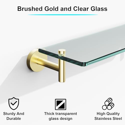 Glass Shelves for Bathroom,16-Inch Brushed Gold Floating Bathroom Shelf Stainless Steel Tempered Glass Shelf Modern Shelves Wall Mounted - color: Brushed Gold, size: 16"without railing