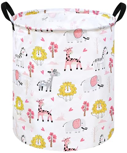 KUNRO Kids Laundry Hamper Clothes Gift Basket Storage Laundry Baskets Organizer Bin with Handles for Nursery Room (Pink Zoo) - color: Pink Zoo