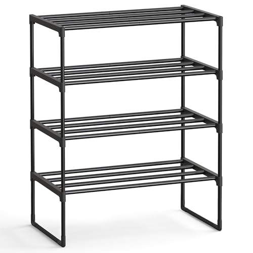 SONGMICS Shoe Rack, 4-Tier Shoe Organizer, Metal Storage Shelf, Upright or Upside Down, for 10-15 Pairs, Stackable, for Entryway, 11.8 x 26.8 x 28.4 Inches, Black ULSA204B01 - color: Black, size: 4 Tiers (26.8"W)