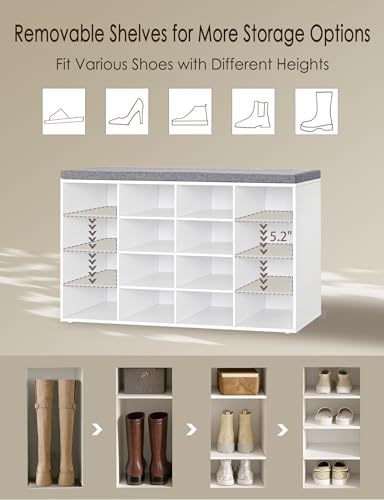DINZI LVJ Shoe Storage Bench with Cushion, 16-Cubby Shoe Rack, Adjustable Shelves, Multifunctional Shoe Organizer Bench for Entryway, Mudroom, Hallway, Living Room, Bedroom and Garage, White - color: White, size: 16 Cubby