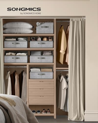 SONGMICS Set of 6 Storage Baskets, Foldable Storage Bins with Removable Dividers, Fabric Boxes, 15.7 x 11.8 x 7.9 Inches, Closet Organizers, 3 Handles, for Living Room, Cattail Gray URFB0140G01 - color: Cattail Gray