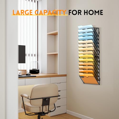 SUPEASY 14 Tier Wall File Organizer, Hanging Wall Mounted Mail Organizer with Label Slots, Metal Mesh File Holder Magazine Rack for Office, Home, School or Classroom, Black - color: Black, size: 14-Tier