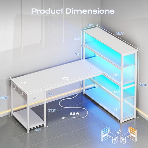 PRAISUN 57 Inch L Shaped Gaming Computer Desk with Larger Open Cabinet, Reverisble Office Desk with Power Outlets, LED Lights, Work Desk, Fabric Drawer, Adjustable Wood and Mesh Shelf, White - color: White