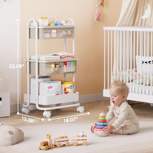 Modanais Baby Diaper Caddy Organizer Cart - 3 Tier Rolling Storage Cart with Wheels, Baby Essentials Nursery Storage, Detachable Dividers - for Crib, Bedroom, Art & Craft Organizer (Off White) - color: Off White