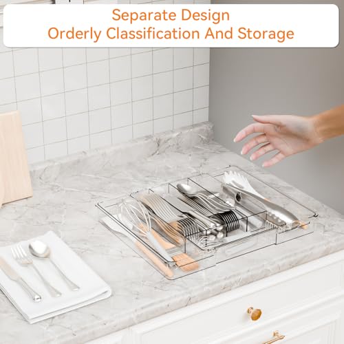 Yieach Clear Expandable Silverware Drawer Organizer,9.4-15.6In Adjustable Silverware Tray for Drawer,Acrylic Kitchen Utensil Drawer Organizer for Cutlery,Flatware Organizers and Fork and Spoon Holder - size: M - 9.4 to 15.6