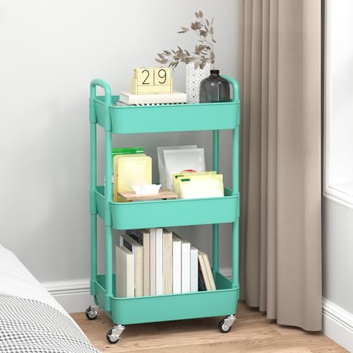 Sywhitta 3-Tier Plastic Rolling Utility Cart with Handle, Multi-Functional Storage Trolley for Office, Living Room, Kitchen, Movable Storage Organizer with Wheels, Green - color: Green, size: 3-tier