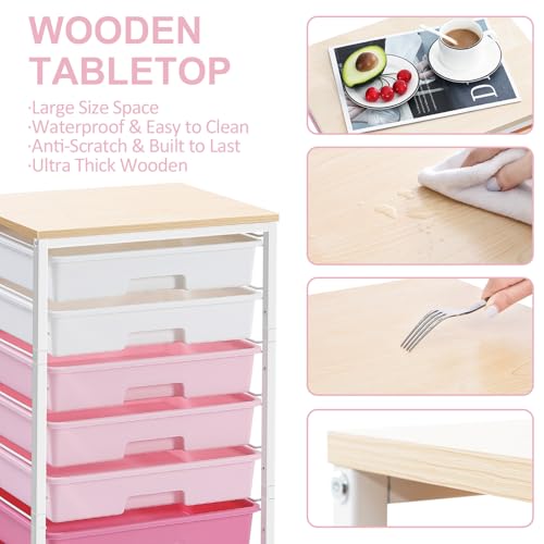Rolling Cart with Drawers,Storage Cart with 8 Drawers and Wooden Tabletop,Utility Cart for Living Room,Classroom, Bedroom,Bathroom,Dorm,Office,Rose Pink - color: Rose Pink