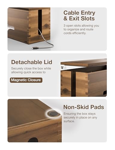 TIDITA Acacia Large Cable Management Box - 15" L Cord Box Hider, Power Strip Box for Office - Cable Hider Box, Surge Protector Box - Wire Box Hider for Desk - 3 Open Slots, Magnetic Lid (Walnut color) - color: Walnut