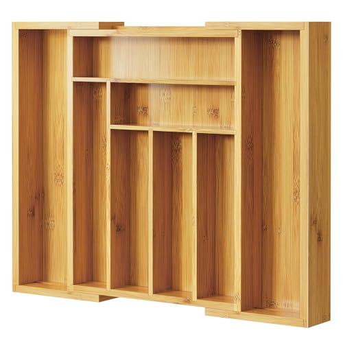 Pipishell Bamboo Expandable Silverware Drawer Organizer, Adjustable Kitchen Utensil Tray for Forks, Spoons and Knives, Wood Storage Cutlery Holder for Bedroom and Living Room - color: Natural, size: Large