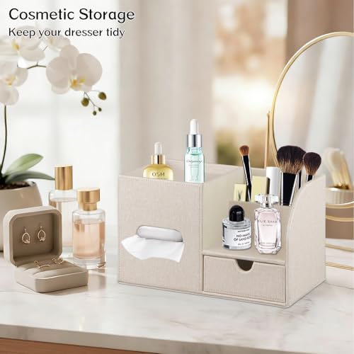 Square Tissue Box Cover with Drawer Storage and Tray on Top, PU Leather Tissues Cube Boxes Holder, Modern Nightstand Organizer Caddy, Remote Control Holder for Bathroom, Bedside, Office, Home - color: Beige Cloth