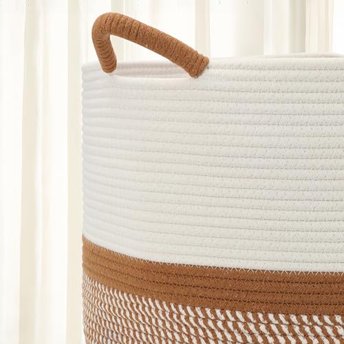 Large Blanket Basket (20"x13"),Woven Basket for Storage Dirty Clothes Basket for Laundry, Living Room, Nursery, Bedroom Rope Storage Basket for Blankets(White/Brown) - color: White Brown
