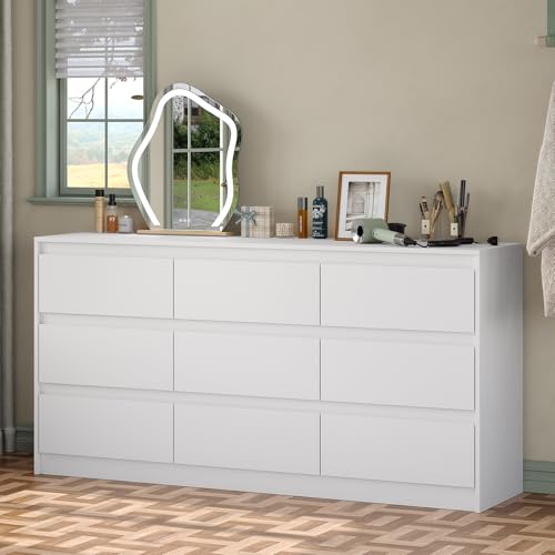 Furniouse Modern 9 Large Storage Drawers Dresser for Clothes Organizer, White Modern Chest of Drawers for Closet, 60" Long Drawer Organizer Cabinet for Bedroom,Living Room,Entryway,Hallway - size: 15"D x 59.1"W x 31.5"H (9 Drawers)
