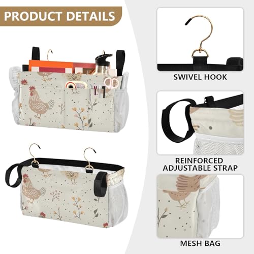 Bedside Caddy Metal Frame Hanging Organizer Bunk Bed Dorm Accessories Hook And Loop Storage Bag Large Pockets Flower Cock Dots - color: Flower Cock Dots
