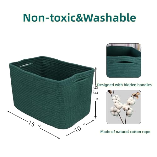 Cotton Rope storage Basket Bins15X10X9.3“ Basket for Organizing Shelves Rectangle Decorative Baskets For storage Clothes Toys Books Towels Square Wicker Nursery basket organizer 3 pack Dark green - color: dark green