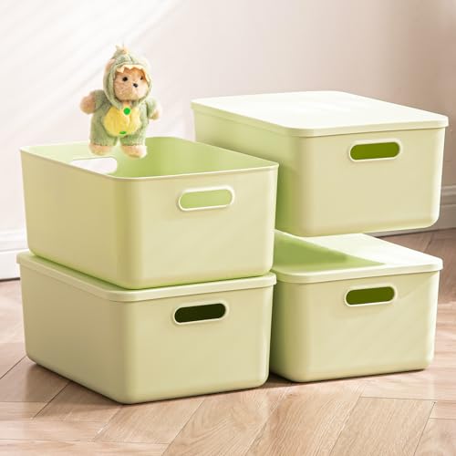 4 pack large plastic White storage bins with Lids, Toy Box Chest with Handle，Organizer Containers Baskets for Baby,Nursery，Shelves，Playroom, Bedroom，Office,Closet，home (Light Green, 4M) - color: Light Green, size: Set of 4 Medium