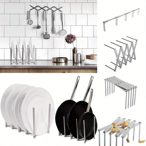 Adjustable Pot Lid Organizers, Dish Rack to Store Houseware, Plate Rack While Cooking, Kitchen Cabinet Pantry Pan and Pot Lid Organizer Rack Holder,4 sectional, 1Pcs