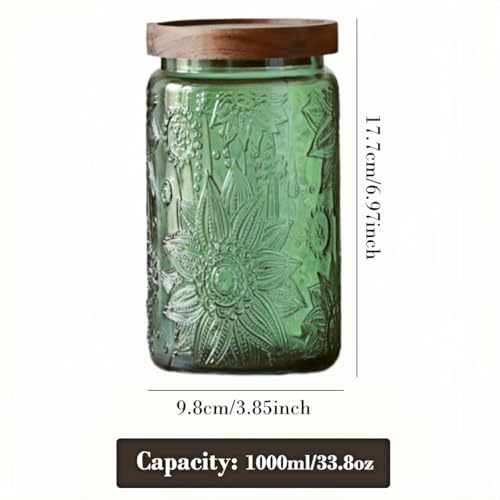 Set of 2 Vintage Glass Storage Containers, Green Glass Jars with Solid Wood Lids, 34 FL OZ Decorative Jars for Kitchen Storage Cabinets for Coffee, Jam, Nuts, Pasta, Cookie (Green Sunflower) - color: Green 2, size: 34 Ounces