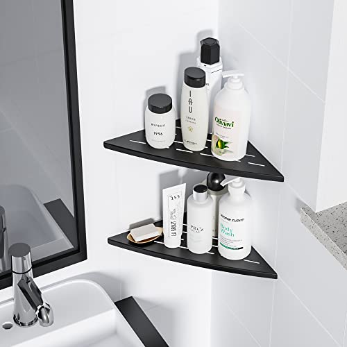 Qeke Corner Shower Shelf Matte Black, 304 Stainless Steel 11.5” Recessed Corner Shelf Bathroom for Tiled Wall, Floating Shower Shelves Shampoo Holder, No Drilling, 2 Pack - color: Matte Black