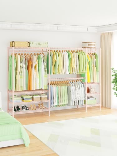 Ulif E11 Heavy-Duty Garment Rack, Metal Freestanding Clothes Rack and Closet Storage Organizer System with 8 Shelves and 4 Hanger Rods, (73.2-97.6)" W x 14.5" D x 71.2" H, Load 1034 LBS, Pink - color: Pink
