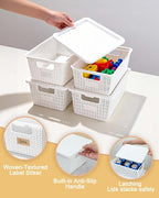 Plastic Storage Baskets with Lids [6-Pack] – Stackable Organizing Bins with Secure Snap-On Lids for Pantry, Bathroom & Closet | 11"x7"x5" Bins Hold 25lbs, Dustproof & Water-Resistant, White - color: White