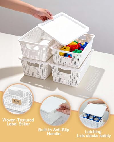 Plastic Storage Baskets with Lids [6-Pack] – Stackable Organizing Bins with Secure Snap-On Lids for Pantry, Bathroom & Closet | 11"x7"x5" Bins Hold 25lbs, Dustproof & Water-Resistant, White - color: White