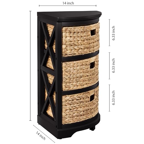 eHemco Hampton Meadows 3 Tier X-Side Corner Table Storage Cabinet with 3 Wicker Baskets, Black - color: Black, size: 14"D x 14"W x 25.5"H (3 Drawers)