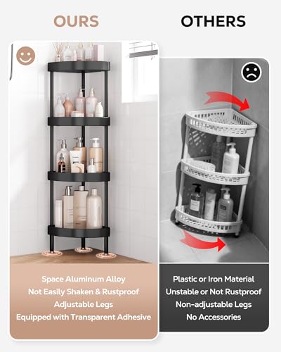 Nieifi Corner Shower Caddy Stand-4 Tier Rustproof Anodized Aluminum Standing Shower Organizer-Shower Caddy Corner-Dual Stability to Anti-Shaking-Height-Adjustable Legs for Uneven Surfaces-Black - color: Black, size: 4-Tier