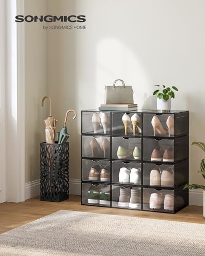 SONGMICS Shoe Boxes, Set of 12, Clear Plastic Shoe Storage, Stackable Sneaker Box, Drop Front Door, Up to US Size 11, Easy Assembly, 13 x 9.8 x 7.1 Inches, Transparent Black ULSP032B12 - color: Transparent Black, size: 12 Count