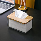 Clear Tissue Holder, Acrylic Dryer Sheet Dispenser Box with Bamboo Lid, Transparent Container, Minimalist Design. Tissue Organizer for Laundry, Living Room, Bathroom, Bedroom, Medium Size