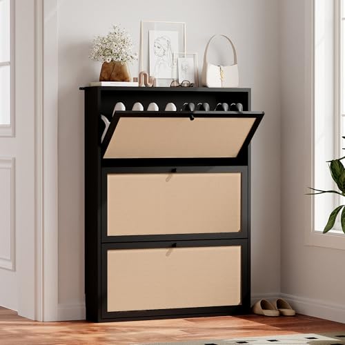 Narrow Shoe Storage Cabinet, 31.5" Slim Shoe Organizer with 3 Flip Drawer, Modern Hidden Shoes Cabinet for Entryway, Non-Divider Drawer Wood Shoe Storage for Hallway, Living Room (Black) - color: Linen-black, size: 3-Drawer-No Divider