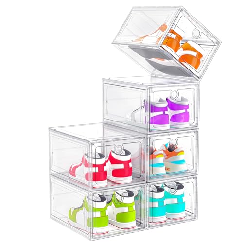 ARSTPEOE 6 Pack Upgrade Harder Shoe Organizer, Shoe Storage with Magnetic Front Door, Clear Shoe Boxes Foldable Space-Saving Shoe Rack for Sneaker Boot Container, White - color: White, size: Upgrade 6 Pack