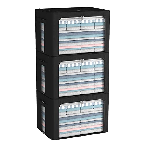 CYhom 3Pack Foldable Storage Bins - Frame Storage Box Linen Fabric Stackable Clothes Container Organizer with Clear Window & Carry Handles Large Capacity (Large-66L, Black) - color: Black, size: Large-66L