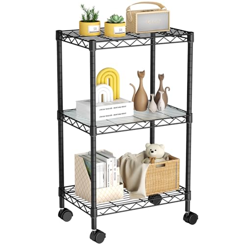 Golpart Small 3 Tier Shelves Storage Wire Shelving Unit Metal Shelf Adjustable Organizers Storage Shelving with Wheels for Bathroom Laundry Room Kitchen Pantry12”D x 18”W x 30.7”H Black - color: Black, size: 3 shelves (12 "D X 18 "W X 30.7 "H)
