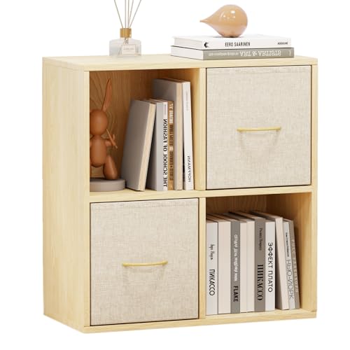 4 Cube Storage Organizer - Solid Wood Bookshelf with 2 Storage Bins, Cube Shelf with 2 Removable Back Panels, Vertical or Horizontal Bookcase, Open Book Shelf for Bedroom, Living Room, Office - size: 4 Cube Shelf