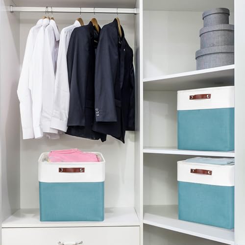 Bagnizer 13x13 Cube Storage Bins, Collapsible Fabric Storage Box, 4 Pack Closet Baskets with Handles for Organizing, Shelf, Toys, Clothes, Home, Office, Nursery (Teal&White) - color: Teal / Off-White, size: Cube - 13"x13"x13"