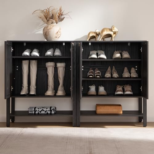 SICOTAS Shoe Storage Cabinet for Entryway - 5 Tier Rattan Entry Shoe Organizer Cabinet with Shelves & Doors, 2 Pieces Farmhouse Boho Tall Shoe Rack for Hallway, Living Room, Closet (Obsidian) - color: Obsidian, size: 2 Pieces