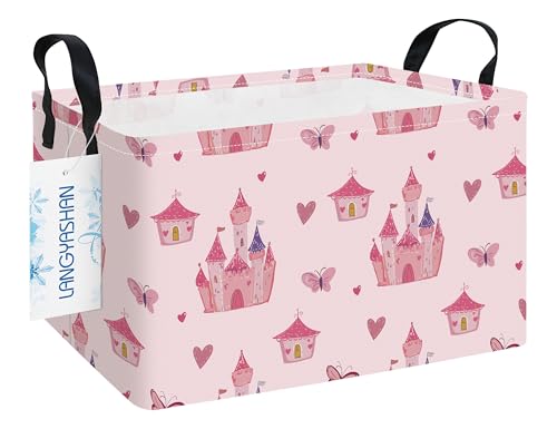 LANGYASHAN Rectangular Girl Storage Bin Collapse Canvas Fabric Cartoon Storage Basket with Handles for Organizing Home Kitchen Boys and Girls Toys Office Closet Shelf Baskets (Rec Pink Castle) - color: Rec Pink Castle