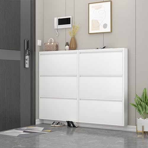 LUCYPAL White Shoe Cabinet Storage for Entryway,Slim Shoe Cabinets with 3 Flip Drawers,Metal Hidden Wall Shoe Cabinet for Living Room,Bedroom,Apartment 43" H*31.5" W*6" D - color: White, size: 3 Drawers