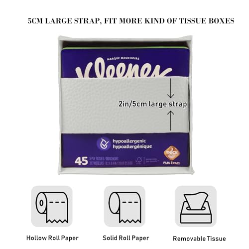 Tissue Box Cover Holder Square Tissue Cube Cover PU Leather Tissue Organizer with Bottom Belt for Bathroom, Tabletop, Car, Night Stands, Office, Home, Kitchen (2, White) - color: White