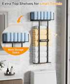 KIMBORA Towel Racks for Bathroom with Top Towel Shelf Hold 8 Large Rolled Towels, 36" Wall Mounted Bathroom Towel Storage Organizer for Small Bathroom, Camper, Rv (Black)